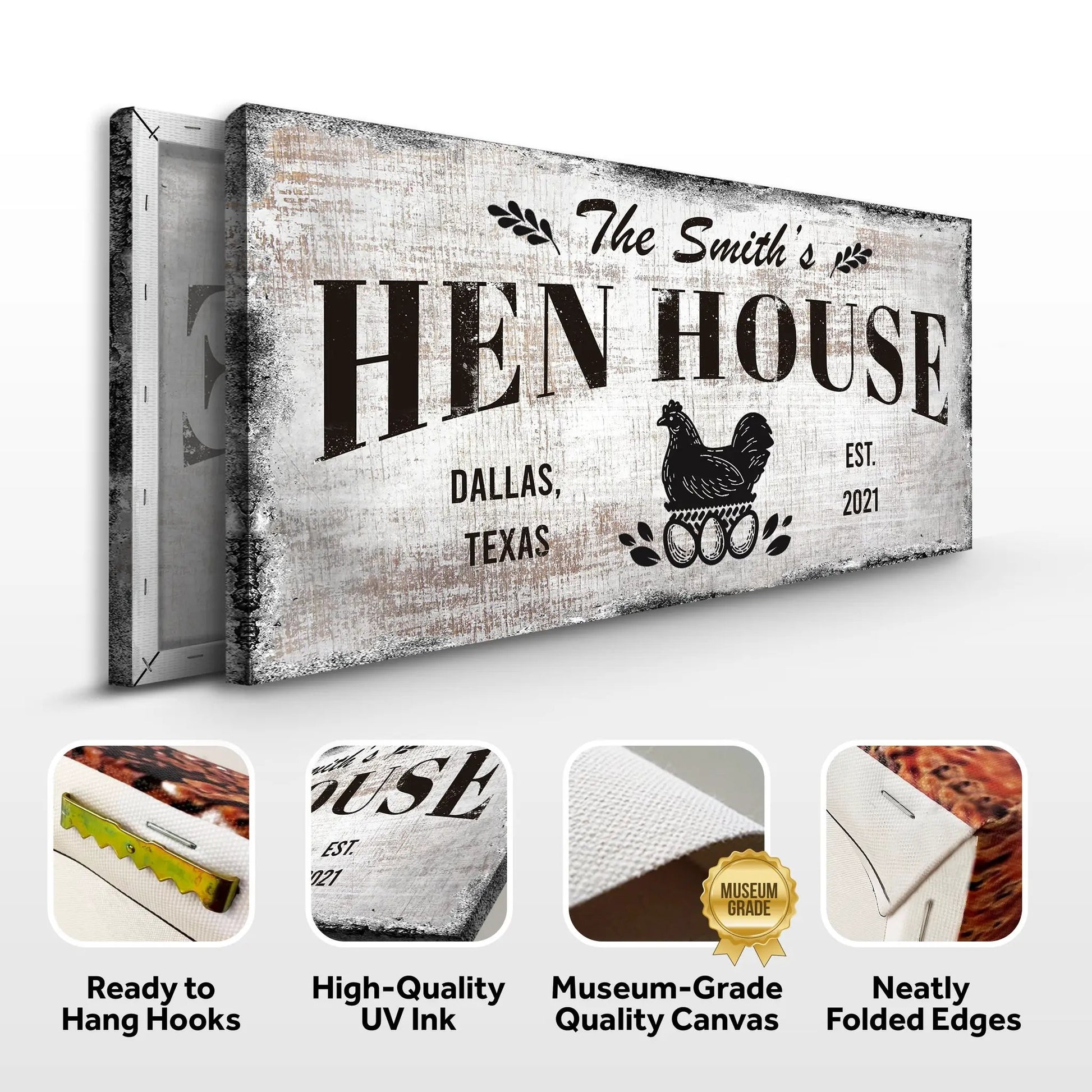 Family Hen House Sign canvas with rustic wood finish, bold Hen House text and chicken graphic on Tampa Home & Garden Store