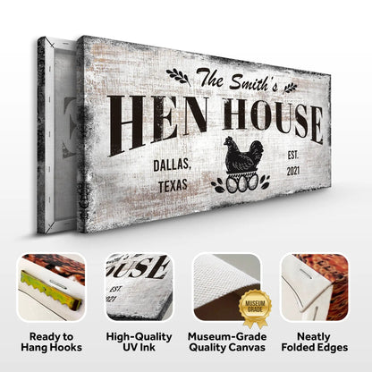 Family Hen House Sign canvas with rustic wood finish, bold Hen House text and chicken graphic on Tampa Home & Garden Store