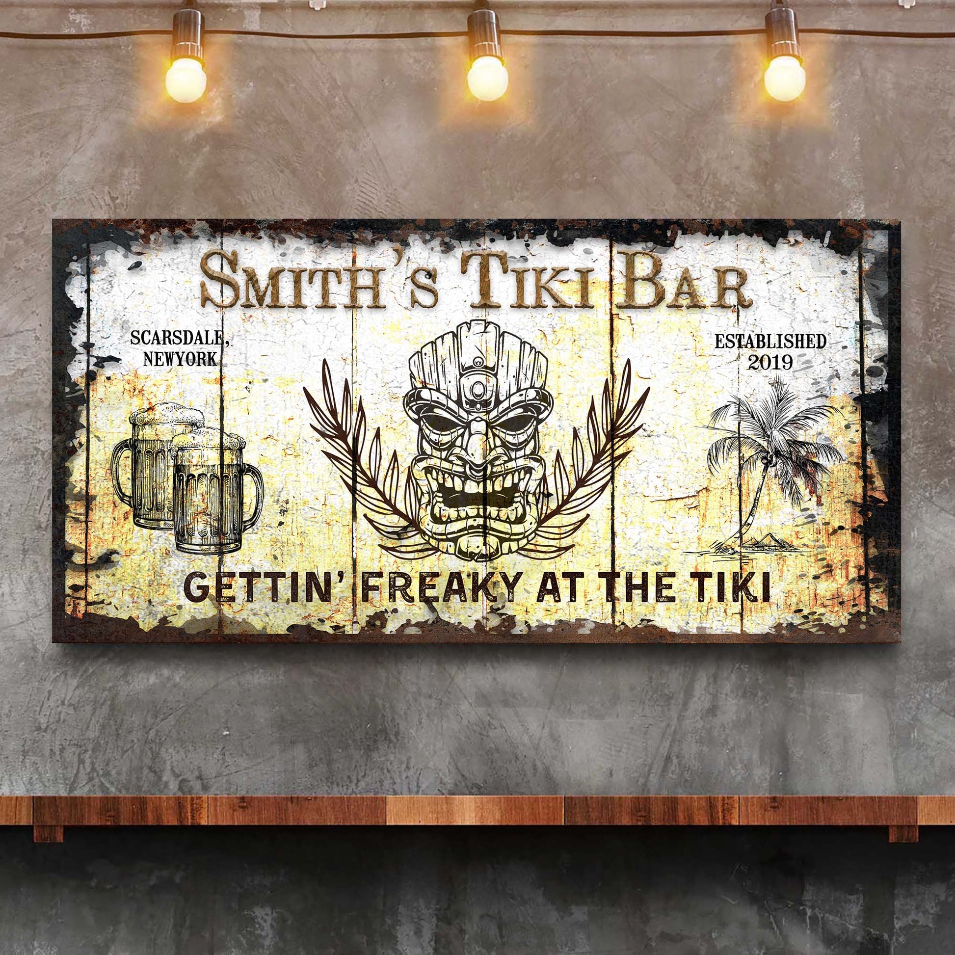 Personalized Tiki Bar Sign canvas by Tailored Canvases with wood panel tiki skull motif on Tampa Home & Garden Store