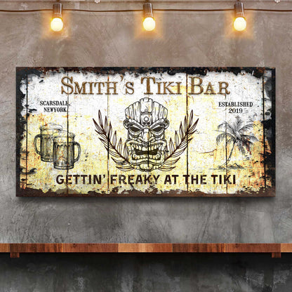 Personalized Tiki Bar Sign canvas by Tailored Canvases with wood panel tiki skull motif on Tampa Home & Garden Store