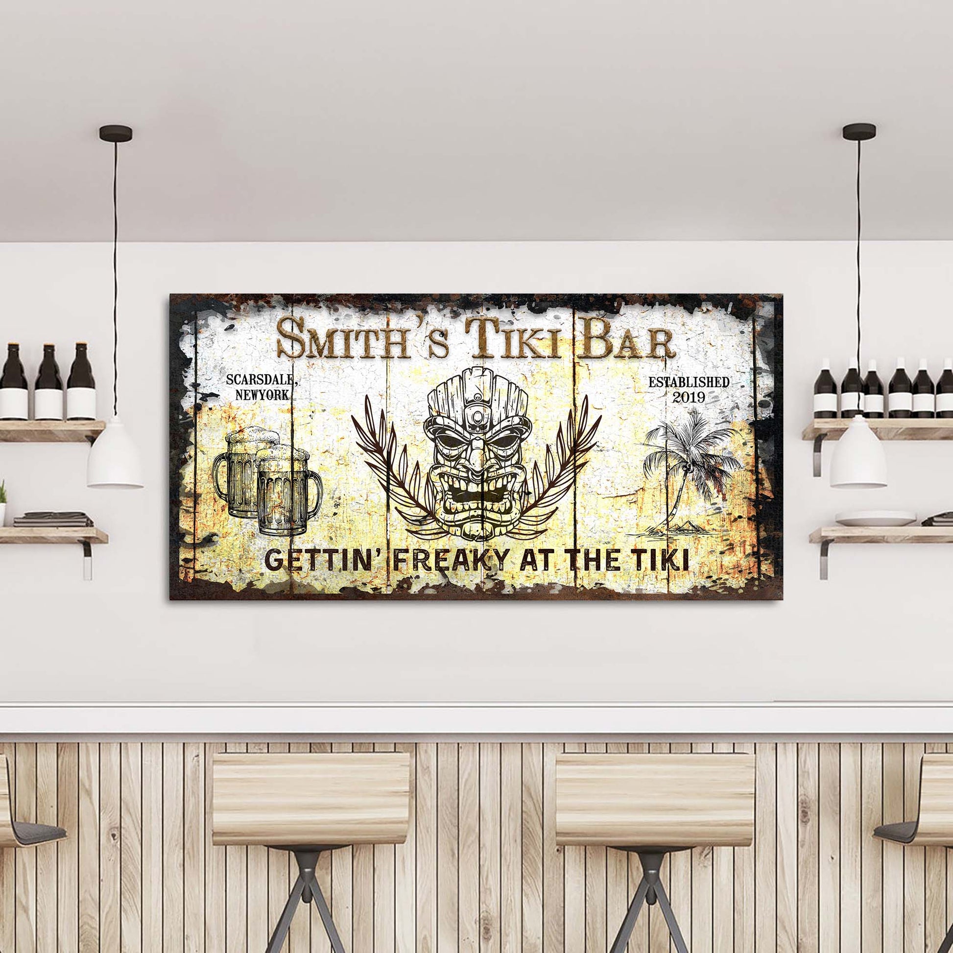 Canvas sign Smith's Tiki Bar by Tailored Canvases, home bar decor with tropical vibe on Tampa Home & Garden Store