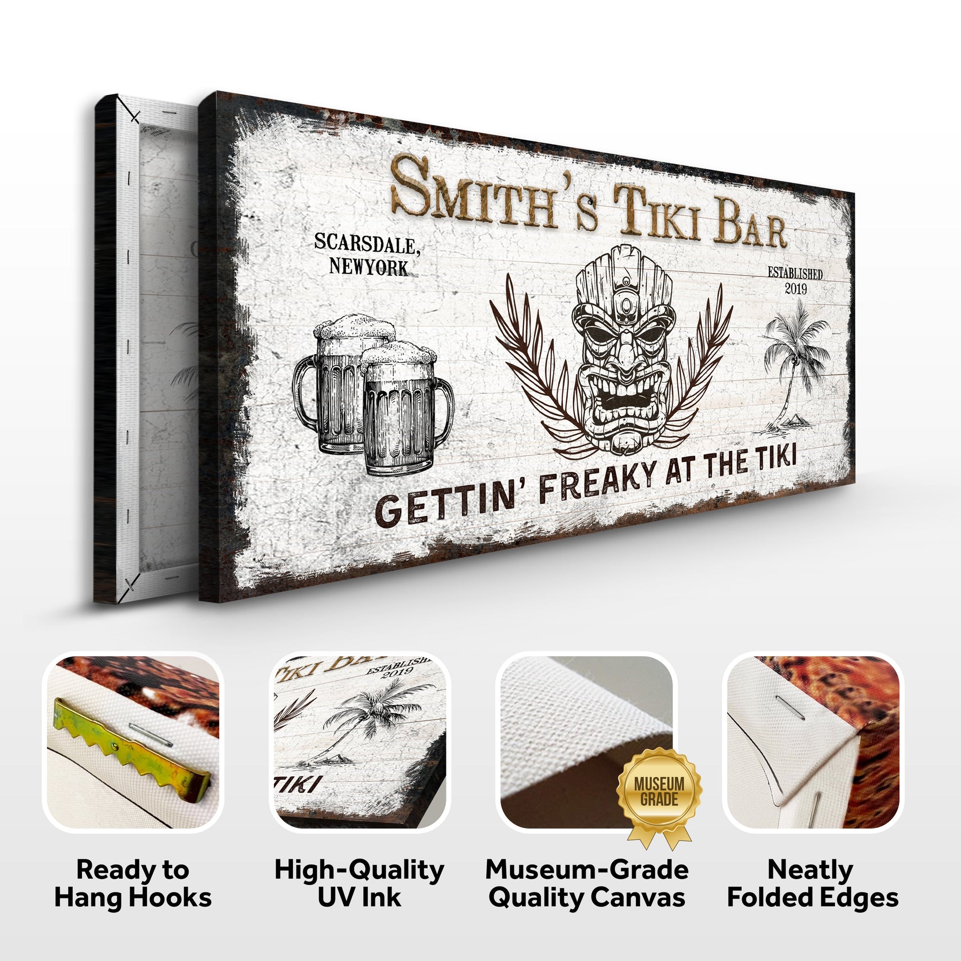 Tiki Bar Sign II canvas by Tailored Canvases, distressed white with tiki mask and beer mug on Tampa Home & Garden Store