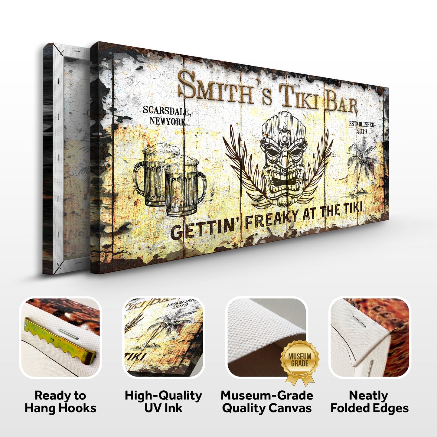 Personalized tiki bar sign canvas by Tailored Canvases, rustic worn print with tiki mask on Tampa Home & Garden Store