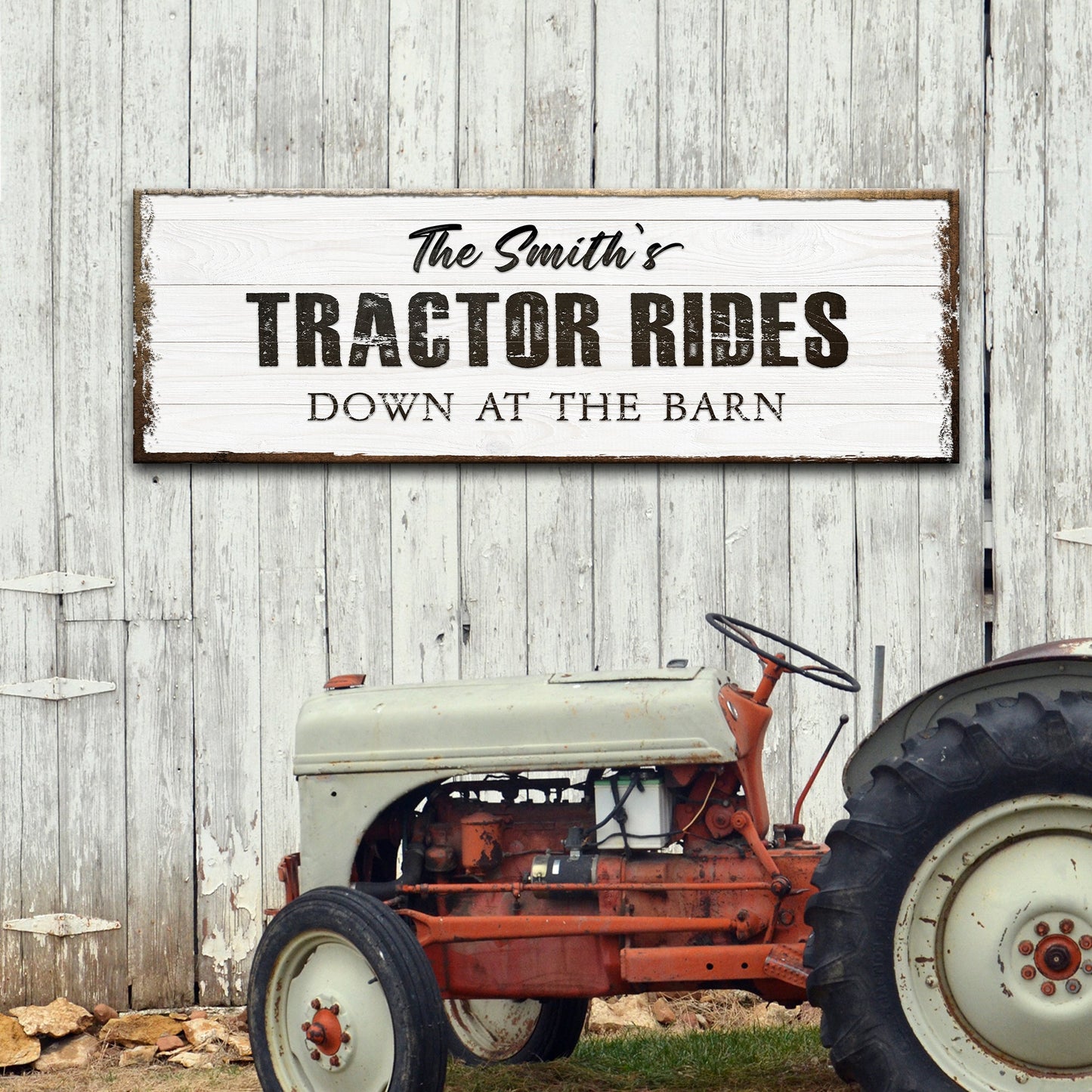 Tractor Rides Sign canvas with bold black lettering on a white distressed wood panel on Tampa Home & Garden Store