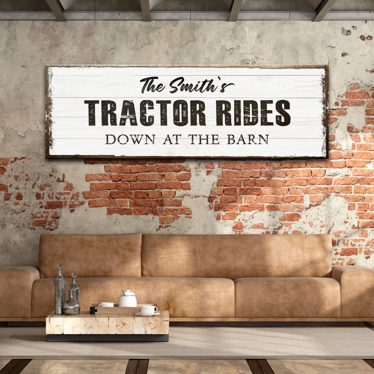 Tractor Rides sign canvas by Tailored Canvases, rustic white wood plank with bold black text on Tampa Home & Garden Store