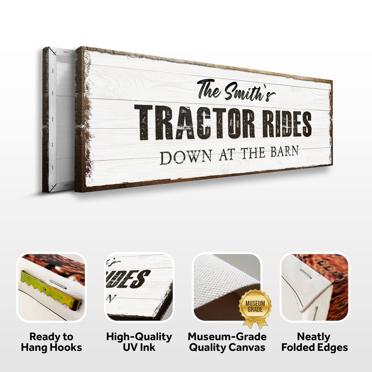 Tractor Rides Sign Canvas by Tailored Canvases with whitewashed wood texture on Tampa Home & Garden Store