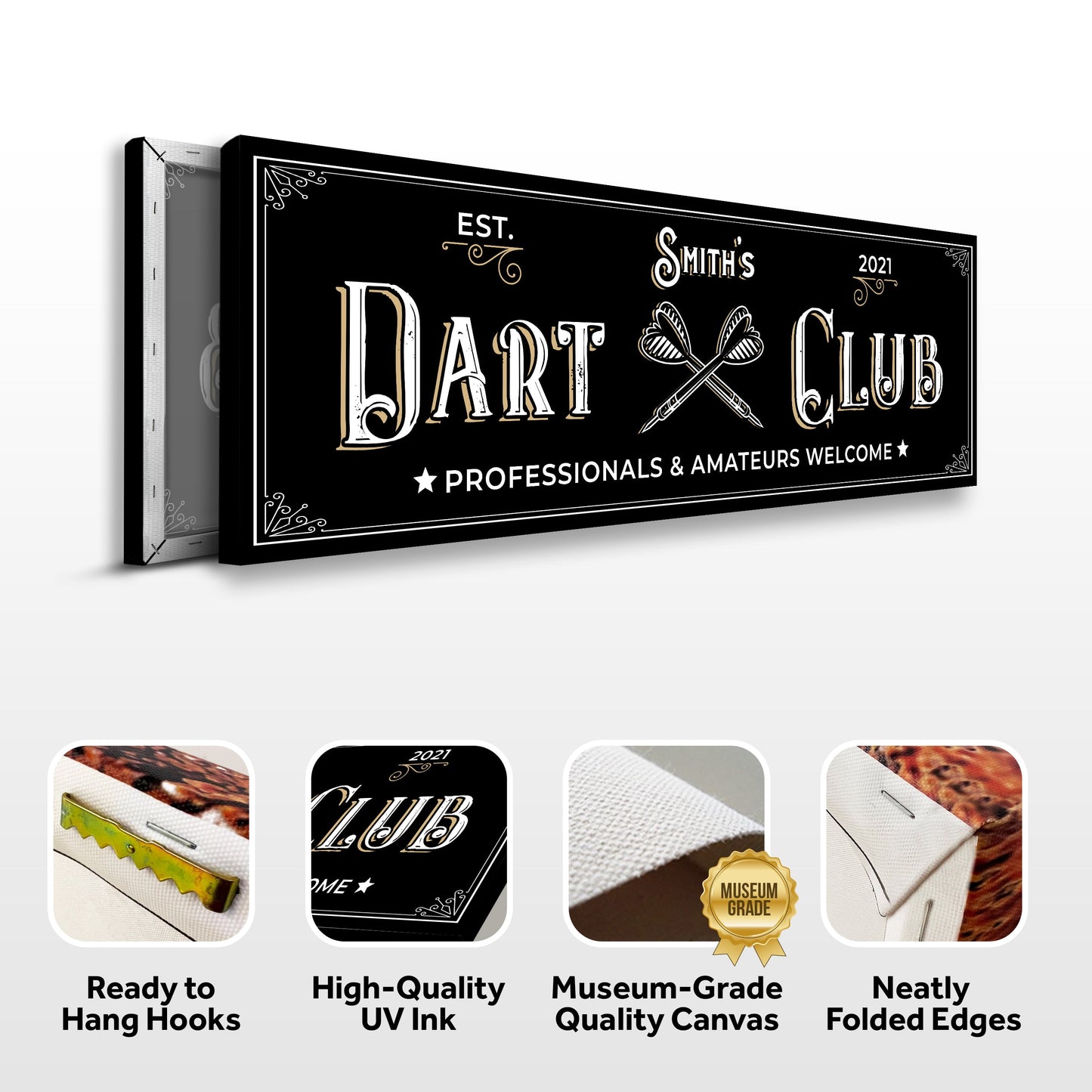 Canvas sign Dart Club Sign II by Tailored Canvases, black background with white gold typography on Tampa Home & Garden Store