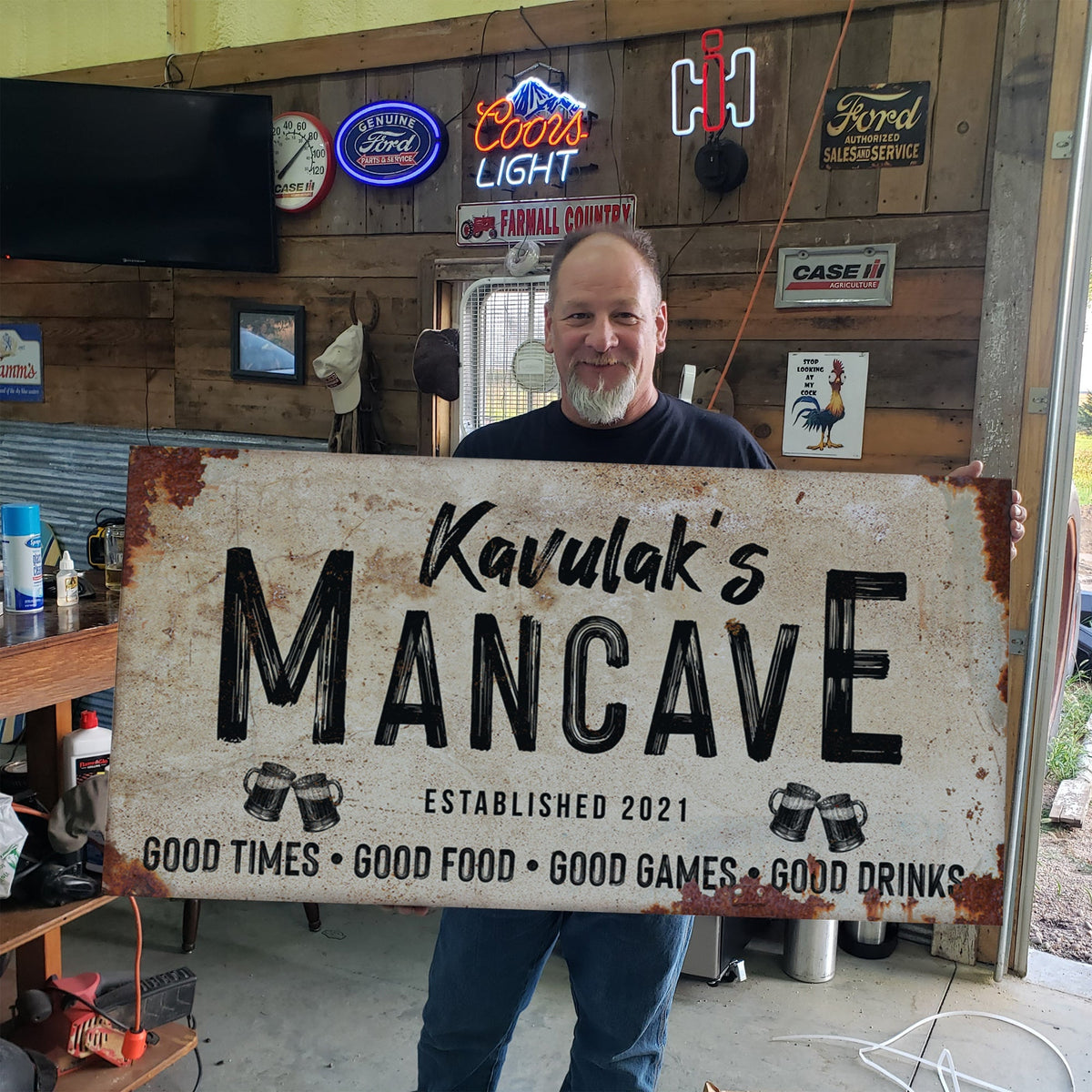 Good Times Man Cave Sign canvas by Tailored Canvases, distressed look with black lettering on Tampa Home & Garden Store