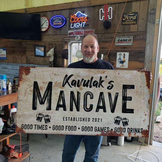 Good Times Man Cave Sign canvas by Tailored Canvases, distressed look with black lettering on Tampa Home & Garden Store