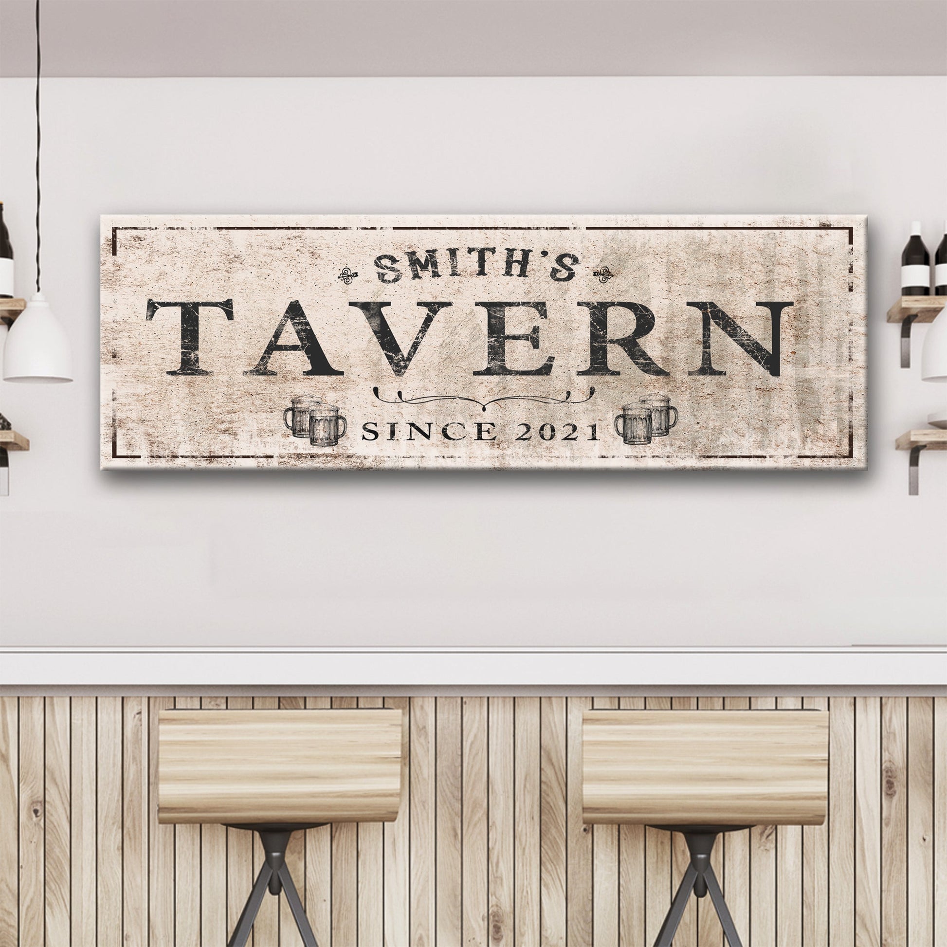 Family Tavern Sign canvas with distressed beige backdrop, bold TAVERN lettering and SMITH'S top on Tampa Home & Garden Store