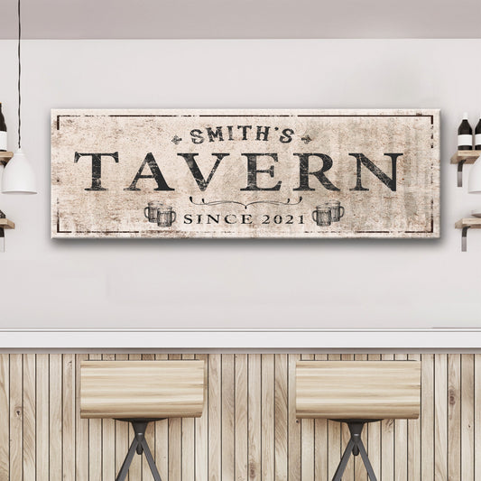 Family Tavern Sign canvas with distressed beige backdrop, bold TAVERN lettering and SMITH'S top on Tampa Home & Garden Store