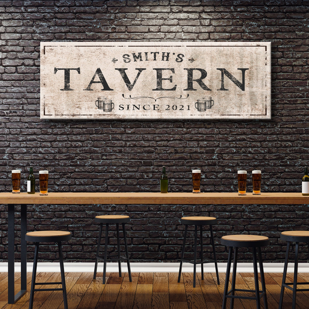 Family Tavern Sign canvas by Tailored Canvases; distressed beige backdrop with TAVERN lettering on Tampa Home & Garden Store