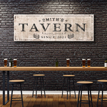 Family Tavern Sign canvas by Tailored Canvases; distressed beige backdrop with TAVERN lettering on Tampa Home & Garden Store