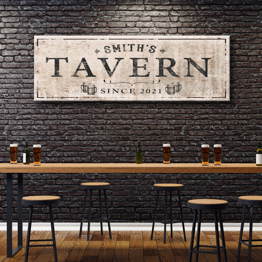 Family Tavern Sign canvas by Tailored Canvases; distressed beige backdrop with TAVERN lettering on Tampa Home & Garden Store