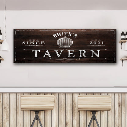 Family Tavern Sign canvas by Tailored Canvases, dark woodgrain with white vintage lettering on Tampa Home & Garden Store