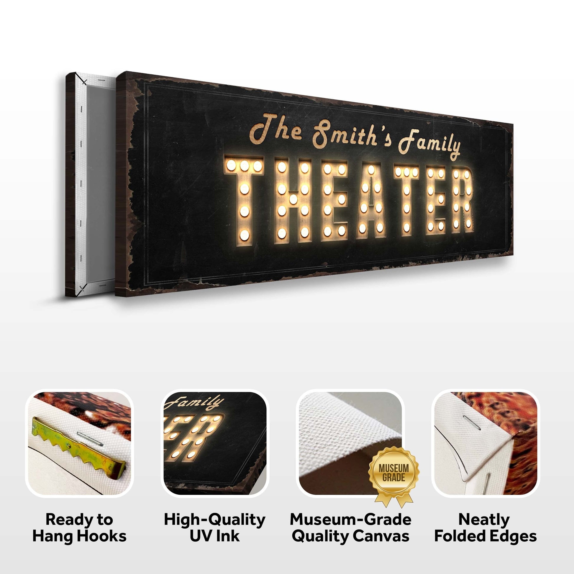 Theater Sign canvas by Tailored Canvases with a distressed black marquee and The Smith's Family on Tampa Home & Garden Store
