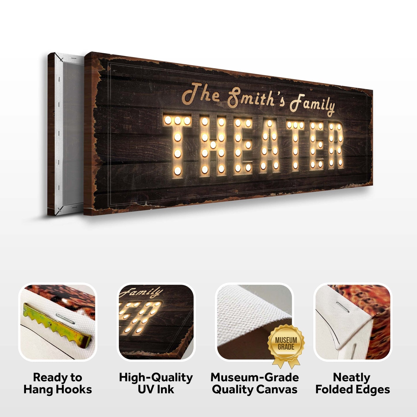 Theater Sign III canvas featuring dark rustic wood with vintage illuminated marquee letters on Tampa Home & Garden Store