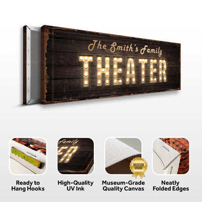 Theater Sign III canvas featuring dark rustic wood with vintage illuminated marquee letters on Tampa Home & Garden Store