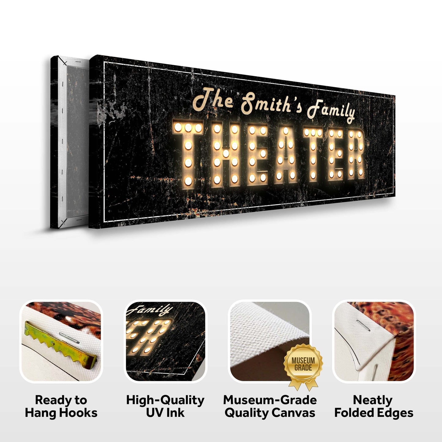 Theater Sign IV canvas, black distressed marquee with lit bulb letters The Smith's Family on Tampa Home & Garden Store