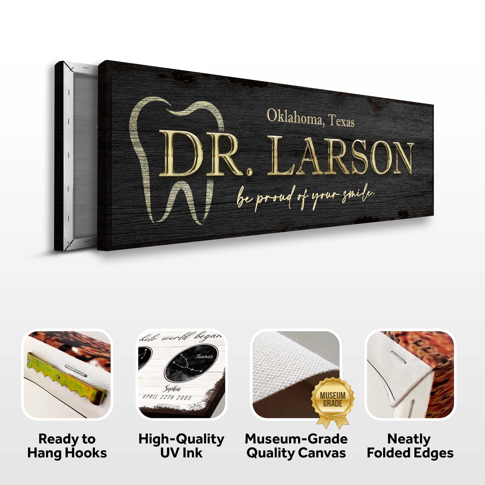 Dentist Name Sign canvas on black wood with gold DR. LARSON lettering by Tailored Canvases on Tampa Home & Garden Store