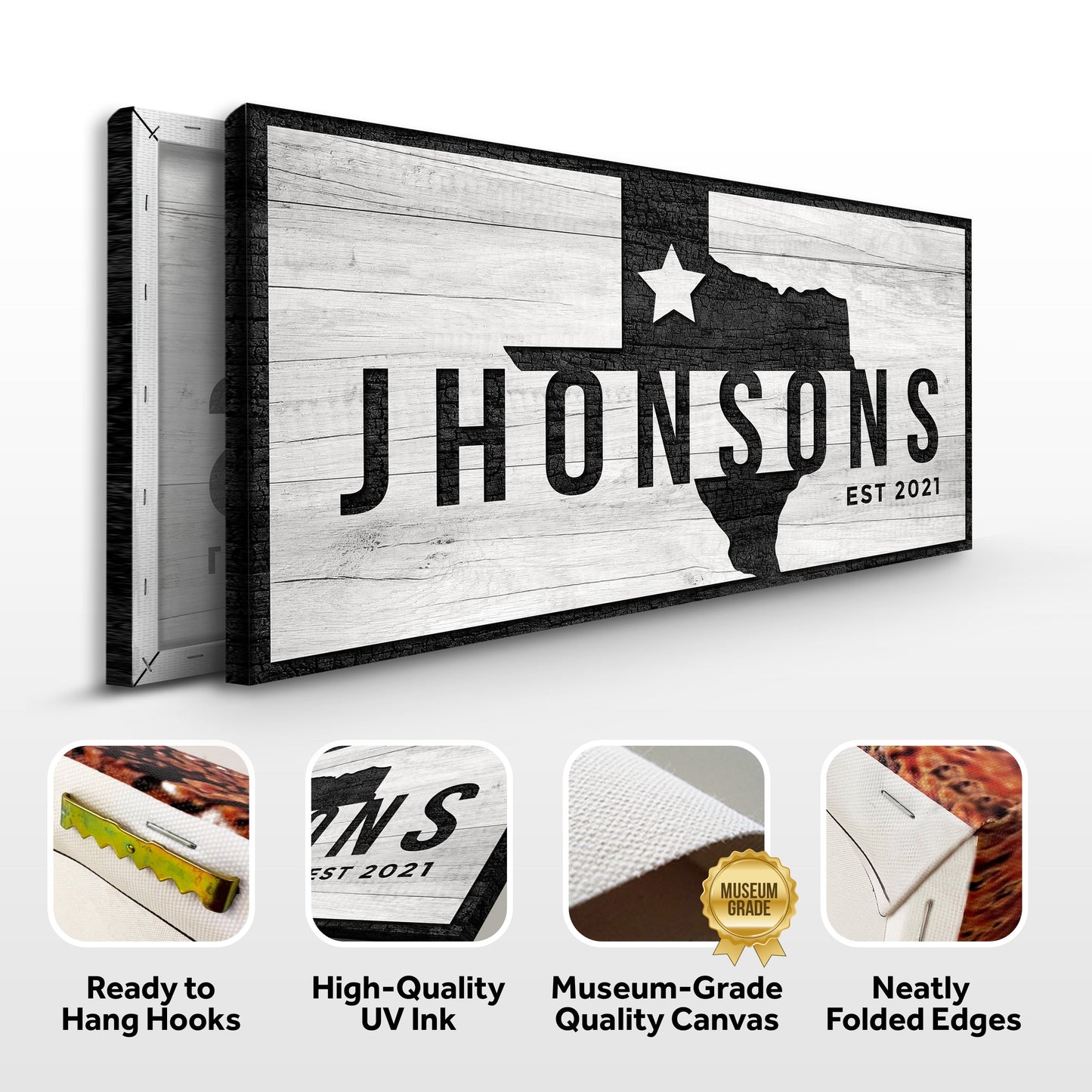 Tailored Canvases Texas Family Name Sign canvas wall art with rustic wood and Texas silhouette on Tampa Home & Garden Store
