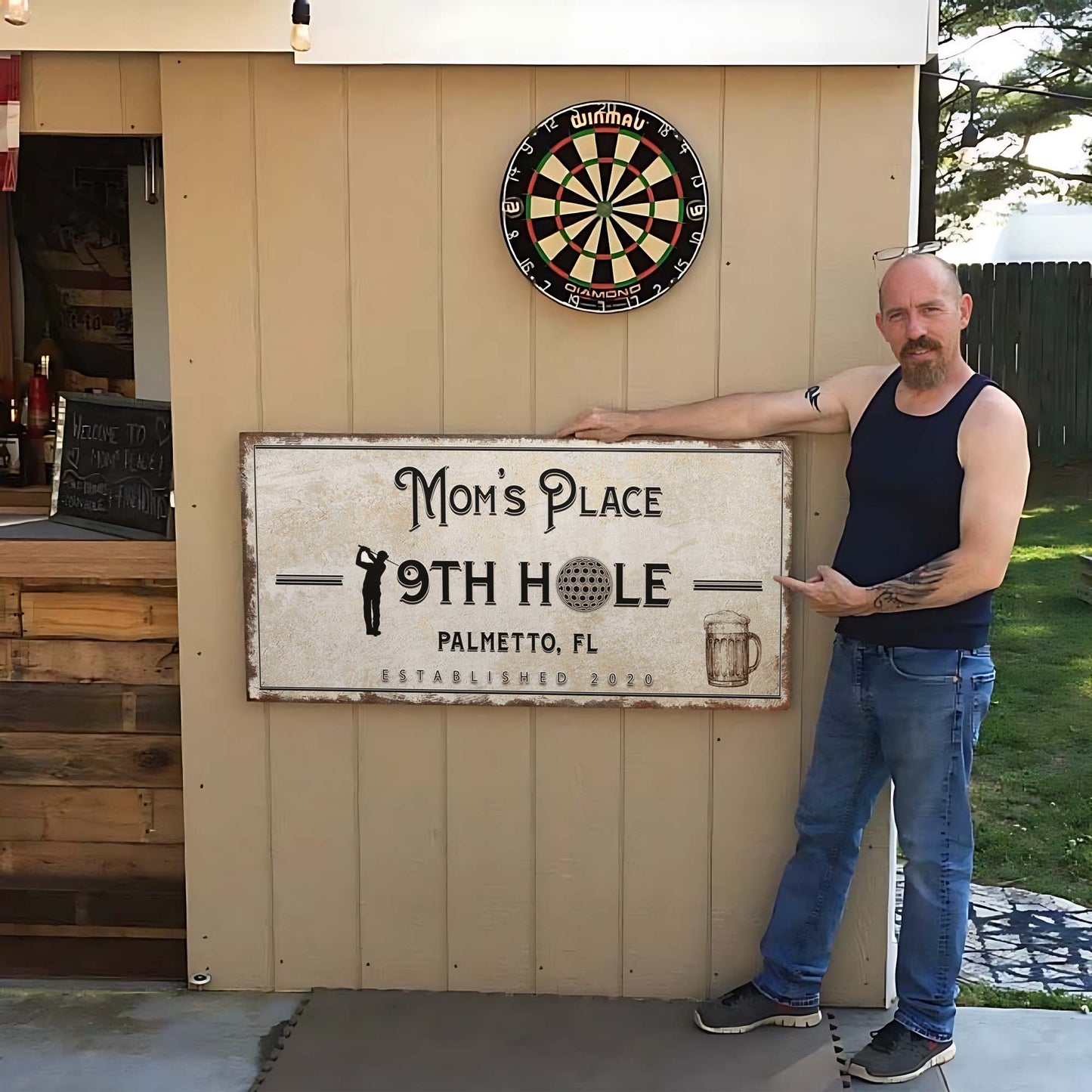 19th Hole Golf Sign canvas by Tailored Canvases; weathered board reads Mom's Place 9th Hole on Tampa Home & Garden Store