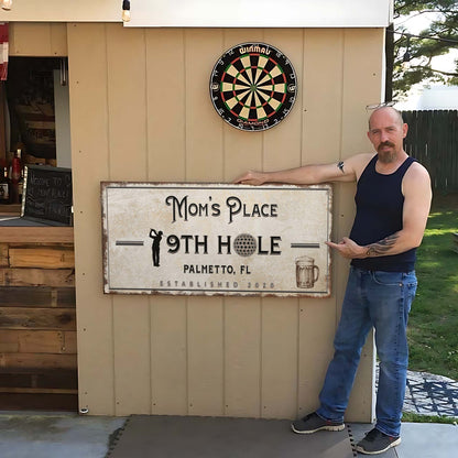 19th Hole Golf Sign canvas by Tailored Canvases; weathered board reads Mom's Place 9th Hole on Tampa Home & Garden Store