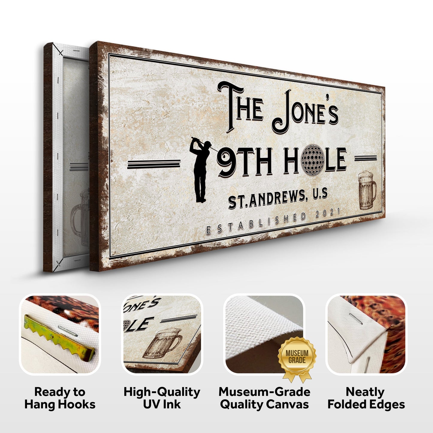 Canvas sign 19th Hole Golf Personalized Sign with distressed beige finish by Tailored Canvases on Tampa Home & Garden Store