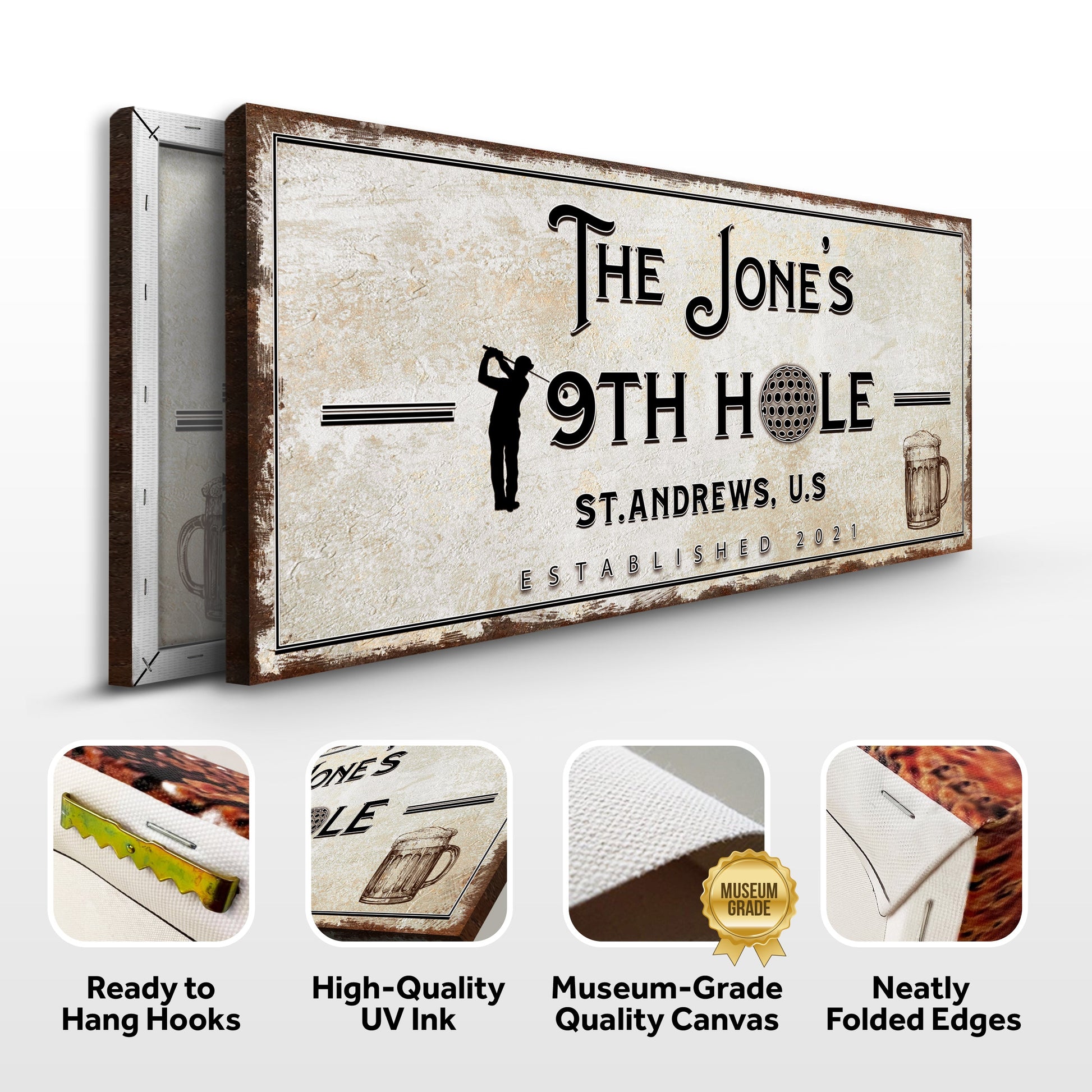 Canvas sign 19th Hole Golf Personalized Sign with distressed beige finish by Tailored Canvases on Tampa Home & Garden Store