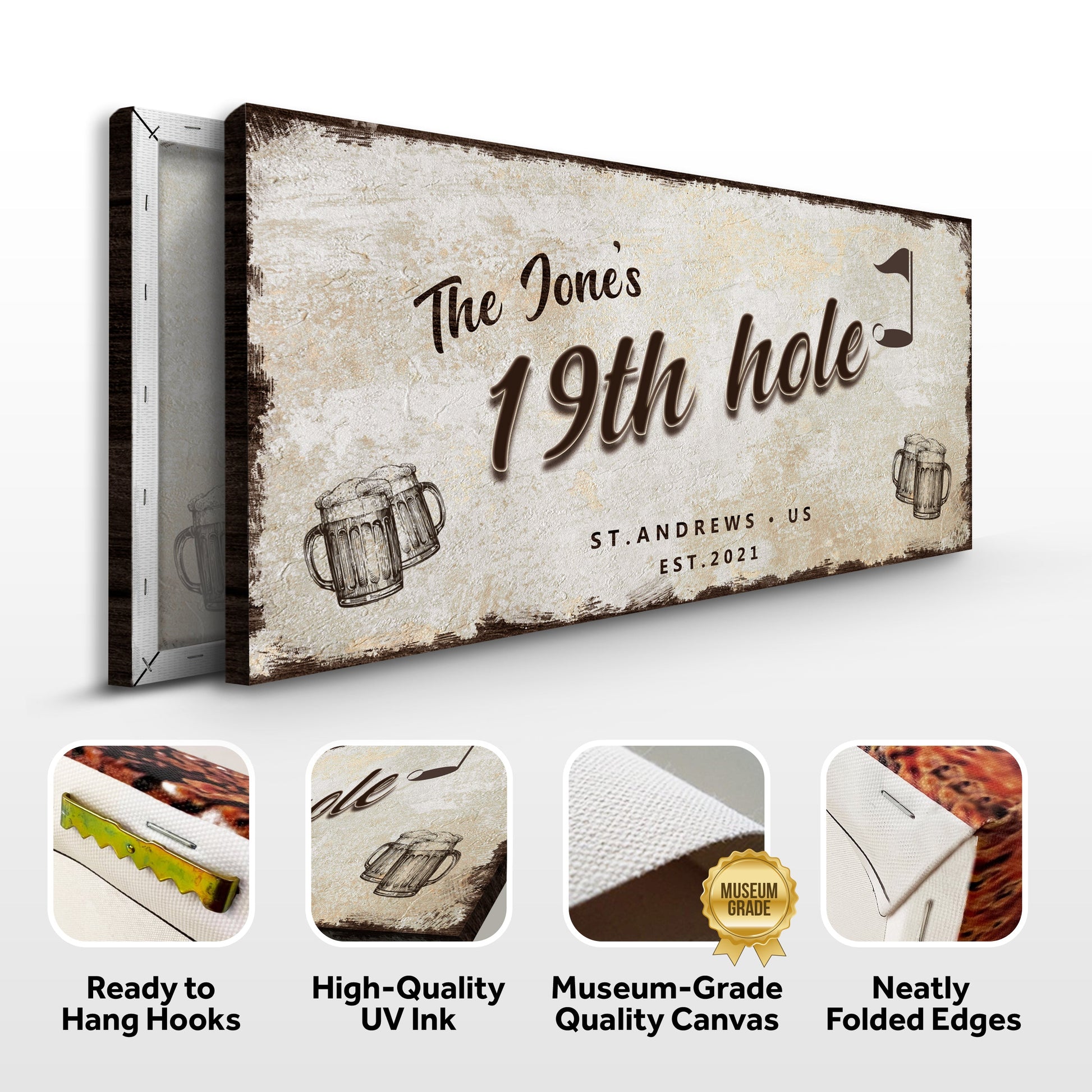 Canvas sign 19th Hole Golf Personalized Sign III rustic beige Tailored Canvases on Tampa Home & Garden Store
