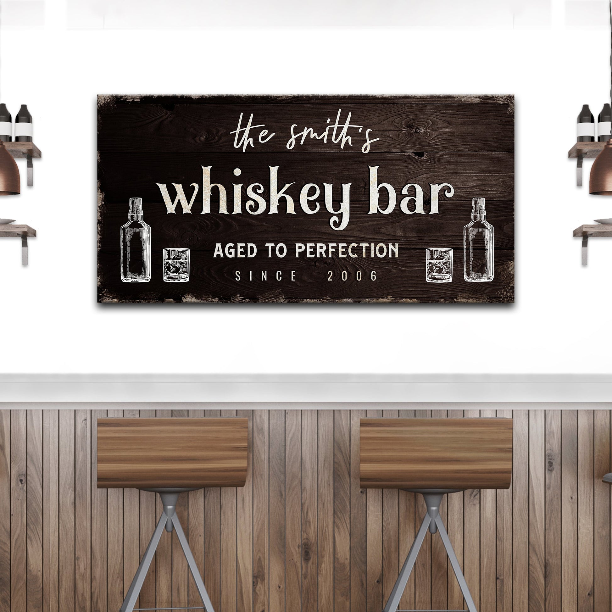 Canvas bar sign dark wood grain with white text the smith's whiskey bar Tailored Canvases on Tampa Home & Garden Store