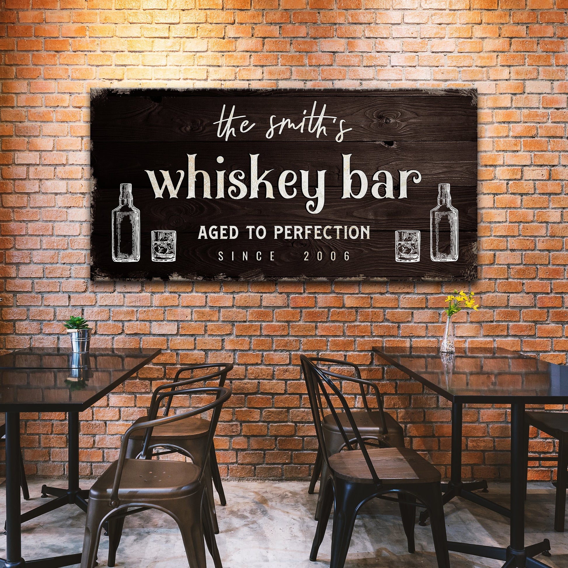 Canvas sign dark wood whiskey bar with white lettering by Tailored Canvases for home bar decor on Tampa Home & Garden Store
