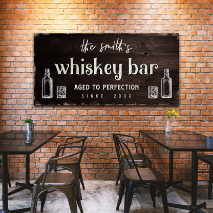 Canvas sign dark wood whiskey bar with white lettering by Tailored Canvases for home bar decor on Tampa Home & Garden Store