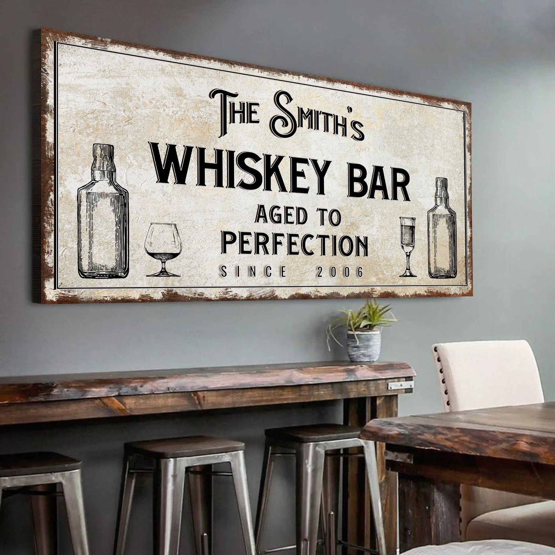 Whiskey Bar Sign canvas with beige texture and bottle glass illustrations Tailored Canvases on Tampa Home & Garden Store
