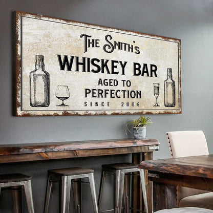 Whiskey Bar Sign canvas with beige texture and bottle glass illustrations Tailored Canvases on Tampa Home & Garden Store