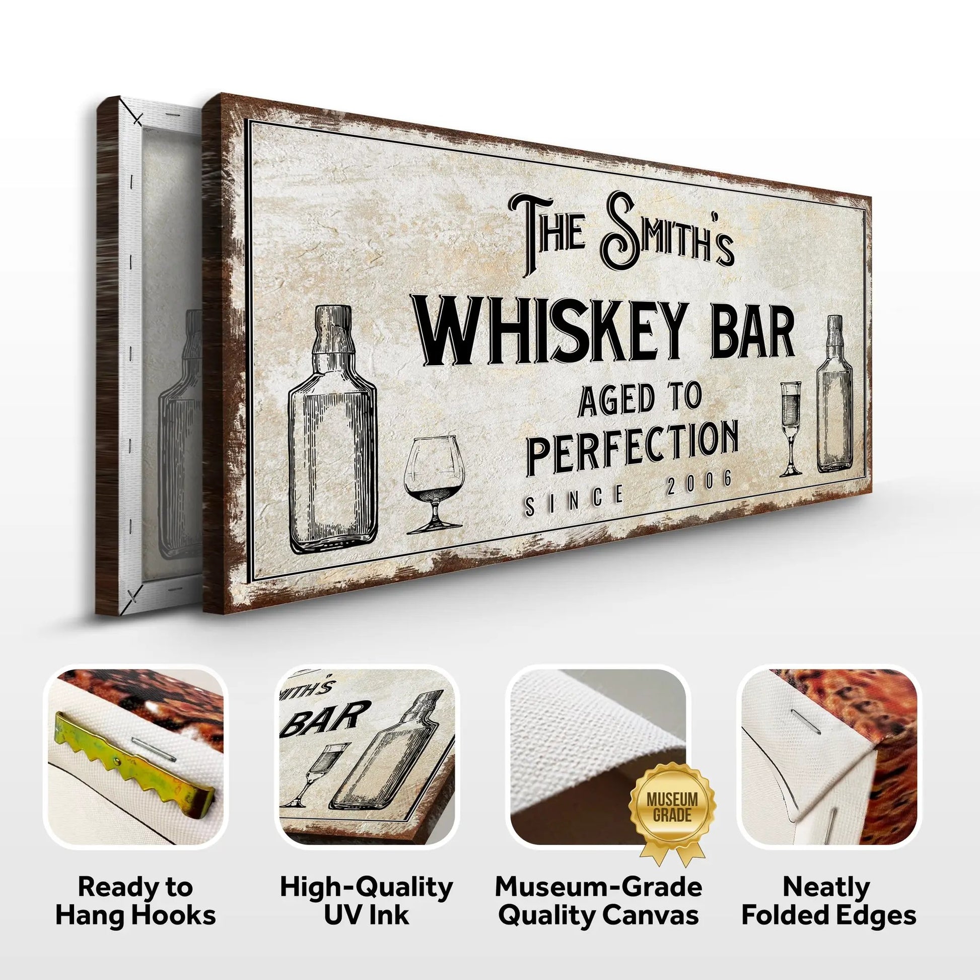 Canvas whiskey bar sign Tailored Canvases distressed beige background on Tampa Home & Garden Store