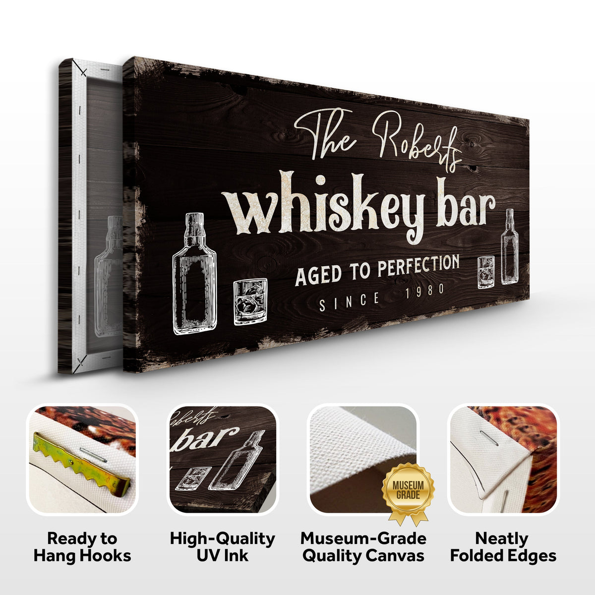 Canvas bar sign by Tailored Canvases with dark wood finish and whiskey bar lettering on Tampa Home & Garden Store