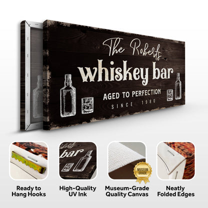 Canvas bar sign by Tailored Canvases with dark wood finish and whiskey bar lettering on Tampa Home & Garden Store