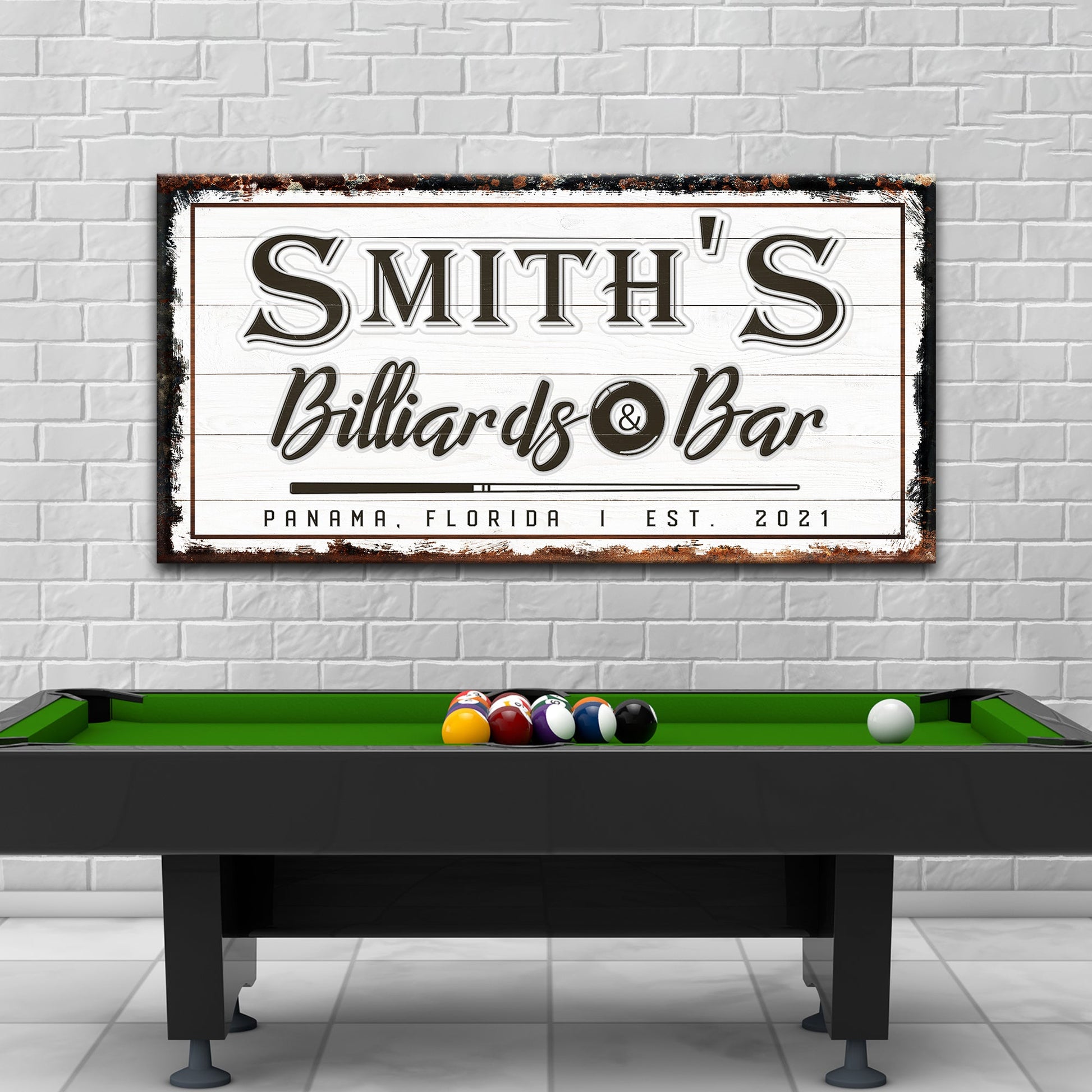Canvas sign Smith's Billiards & Bar with white wood panel design by Tailored Canvases on Tampa Home & Garden Store