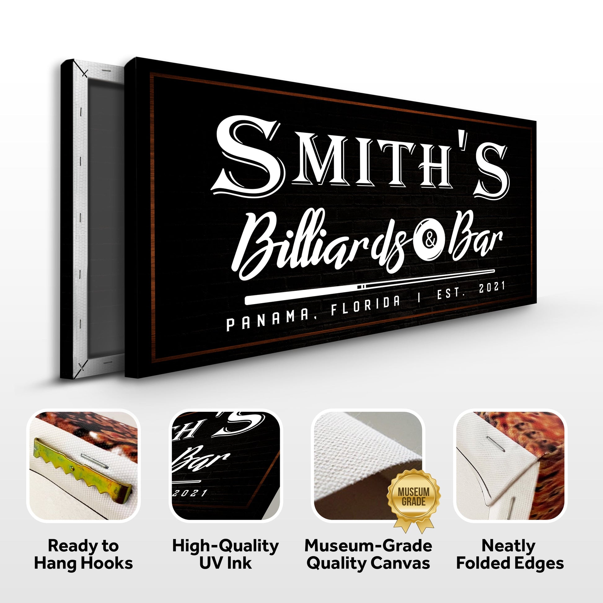 Billiards And Bar Sign II canvas with black background and white typography Tailored Canvases on Tampa Home & Garden Store