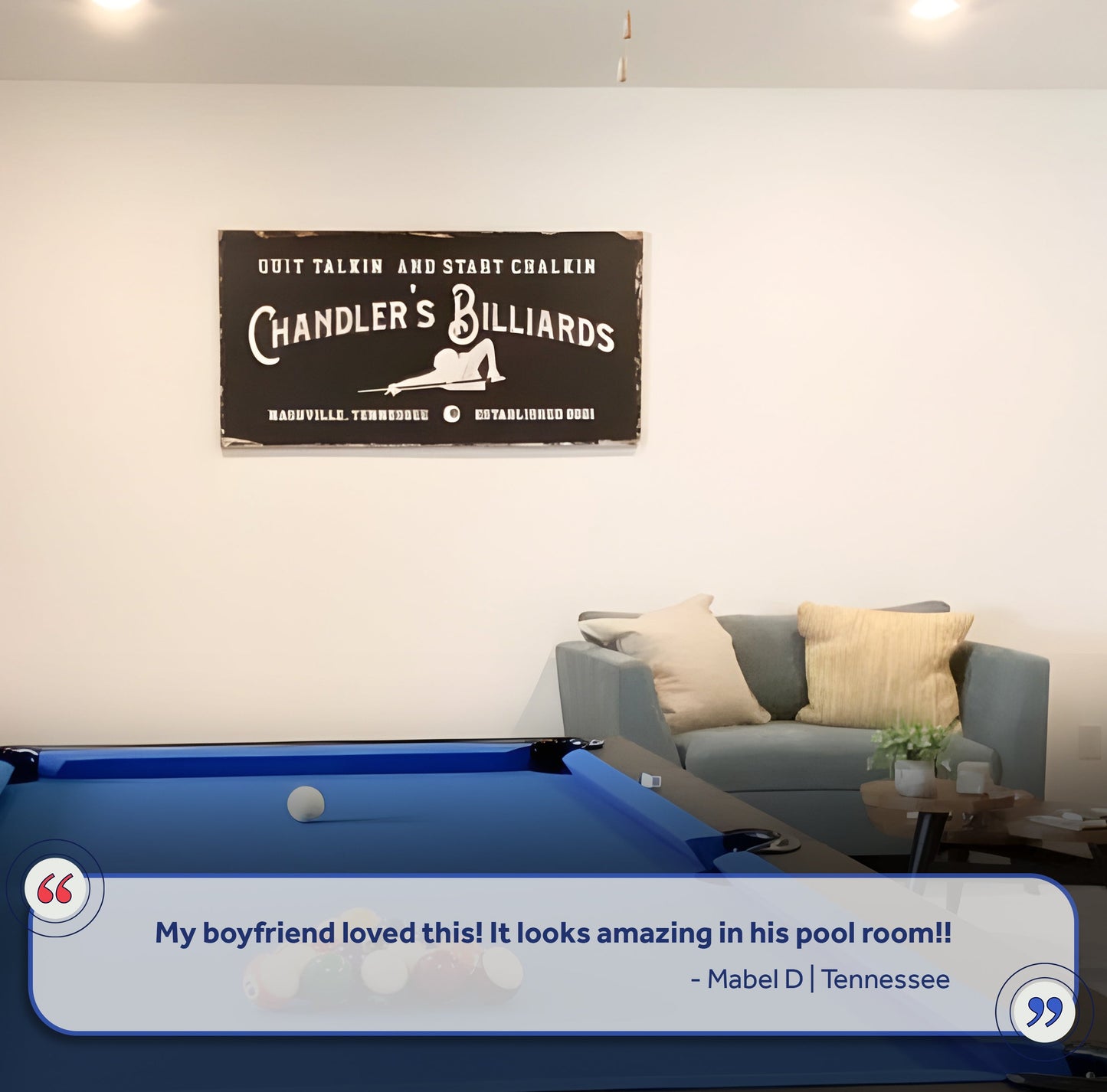 Canvas Billiards Room Sign by Tailored Canvases Chandler's Billiards with pool cue silhouette on Tampa Home & Garden Store
