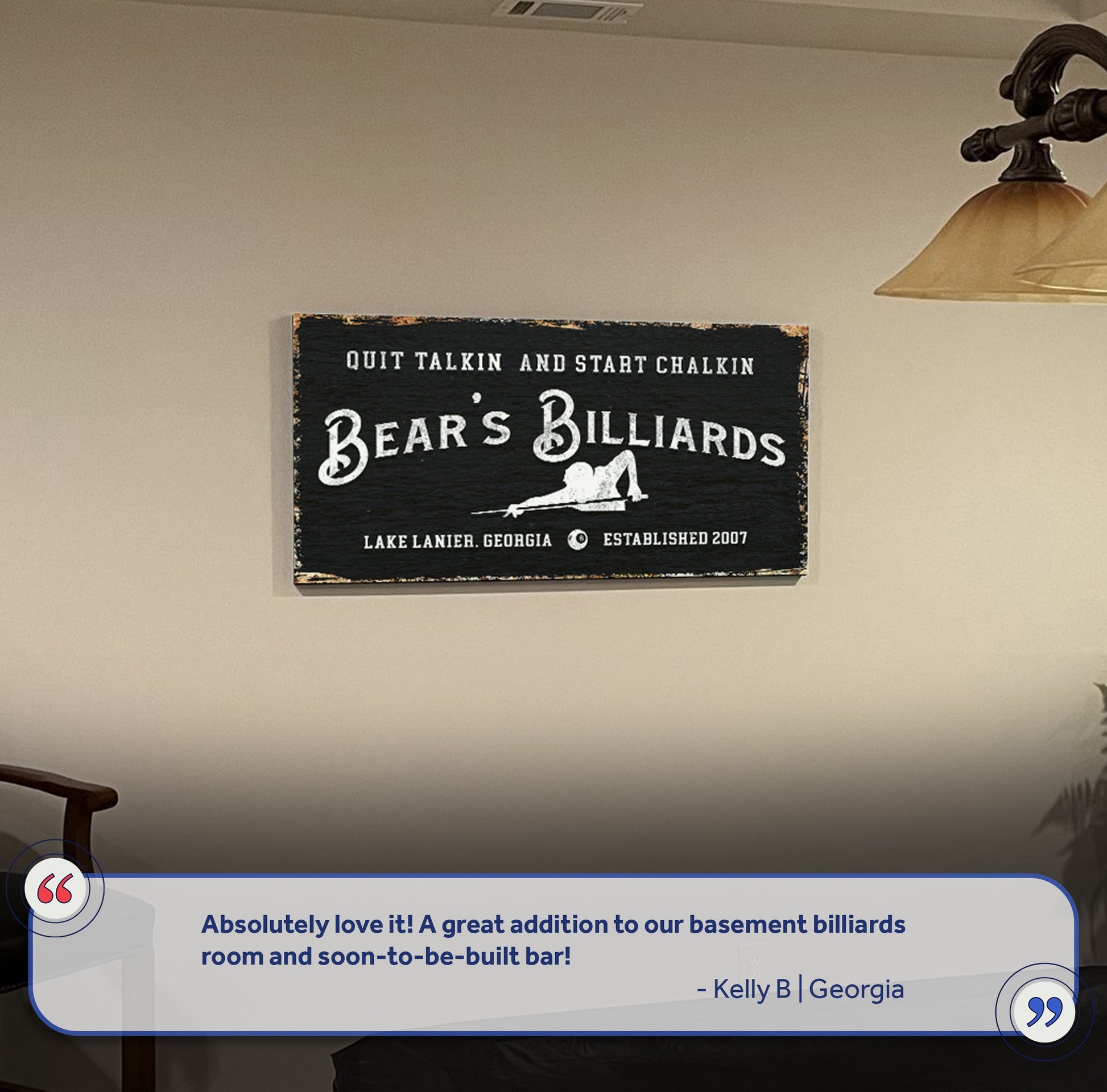 Canvas billiards room sign with distressed black background and white pool silhouette on Tampa Home & Garden Store