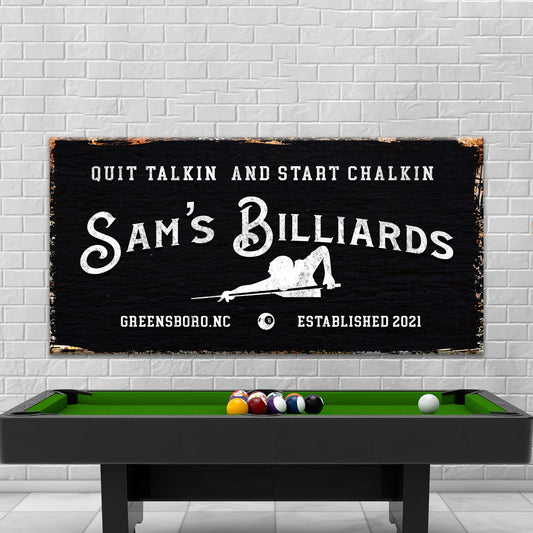 Billiards Room Sign canvas by Tailored Canvases, black chalkboard with distressed lettering on Tampa Home & Garden Store