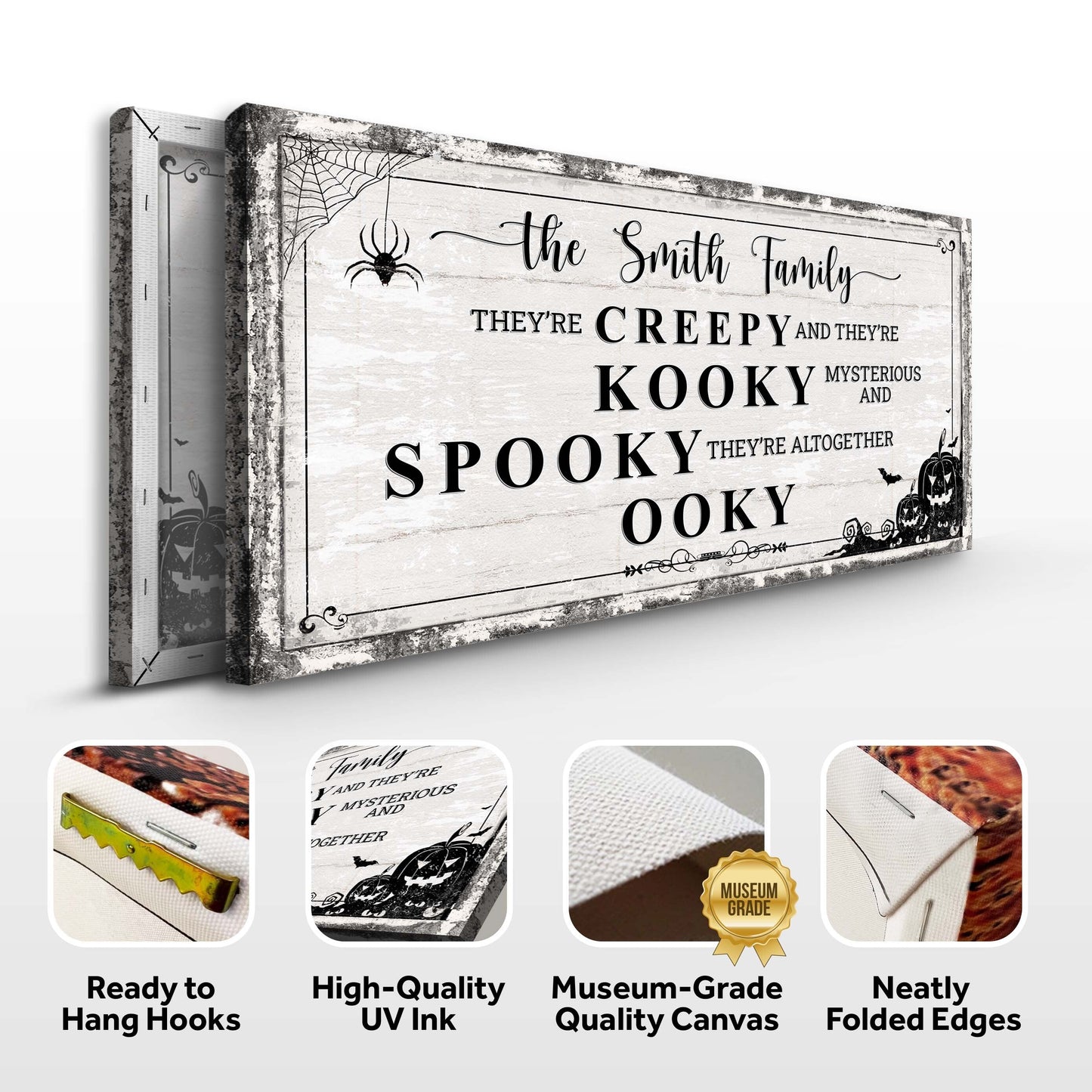 Family Halloween Sign canvas by Tailored Canvases, distressed white wood with spider web on Tampa Home & Garden Store