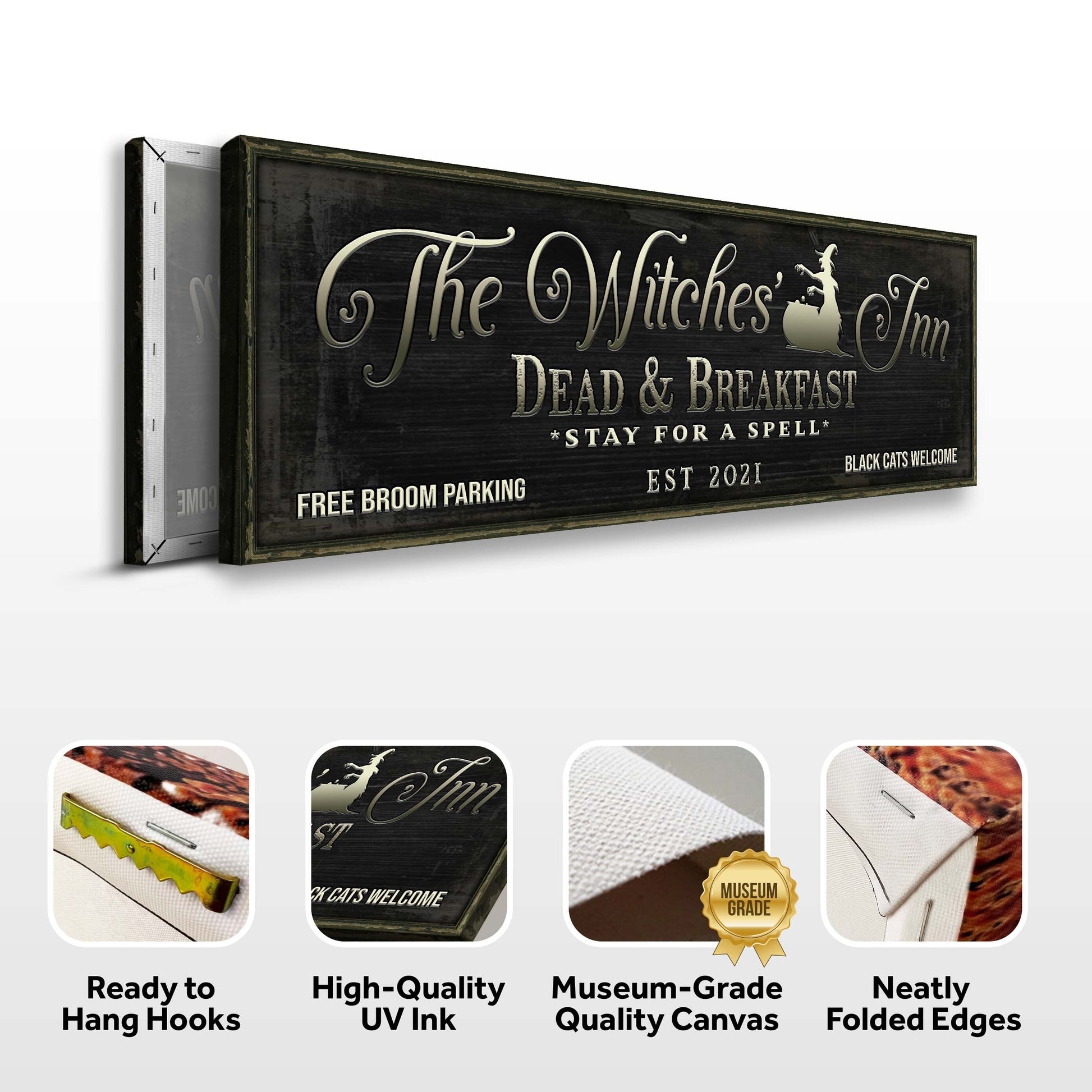The Witches Inn Sign canvas by Tailored Canvases, black wood with cream lettering and silhouette on Tampa Home & Garden Store