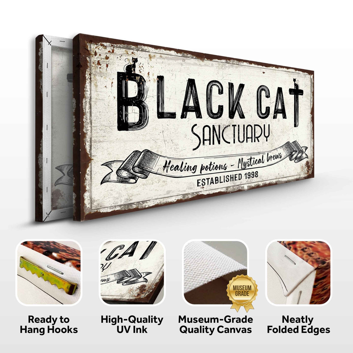 Canvas sign Black Cat Trading Company Sign by Tailored Canvases, distressed vintage look on Tampa Home & Garden Store