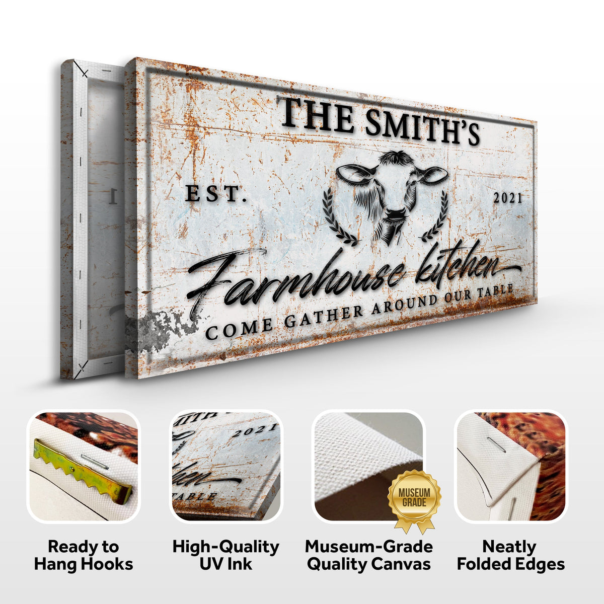 Farmhouse Kitchen Sign Canvas by Tailored Canvases, distressed rusted background with black script on Tampa Home & Garden Store