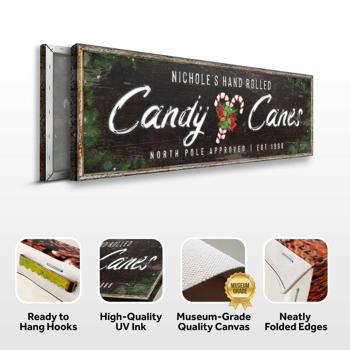 Canvas crafting sign North Pole Candy Canes by Tailored Canvases, rustic distressed wood frame with festive greenery on Tampa Home & Garden Store