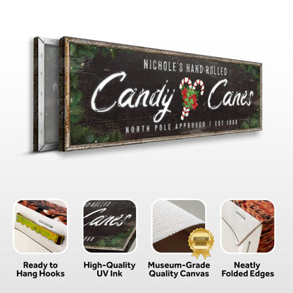 Canvas crafting sign North Pole Candy Canes by Tailored Canvases, rustic distressed wood frame with festive greenery on Tampa Home & Garden Store
