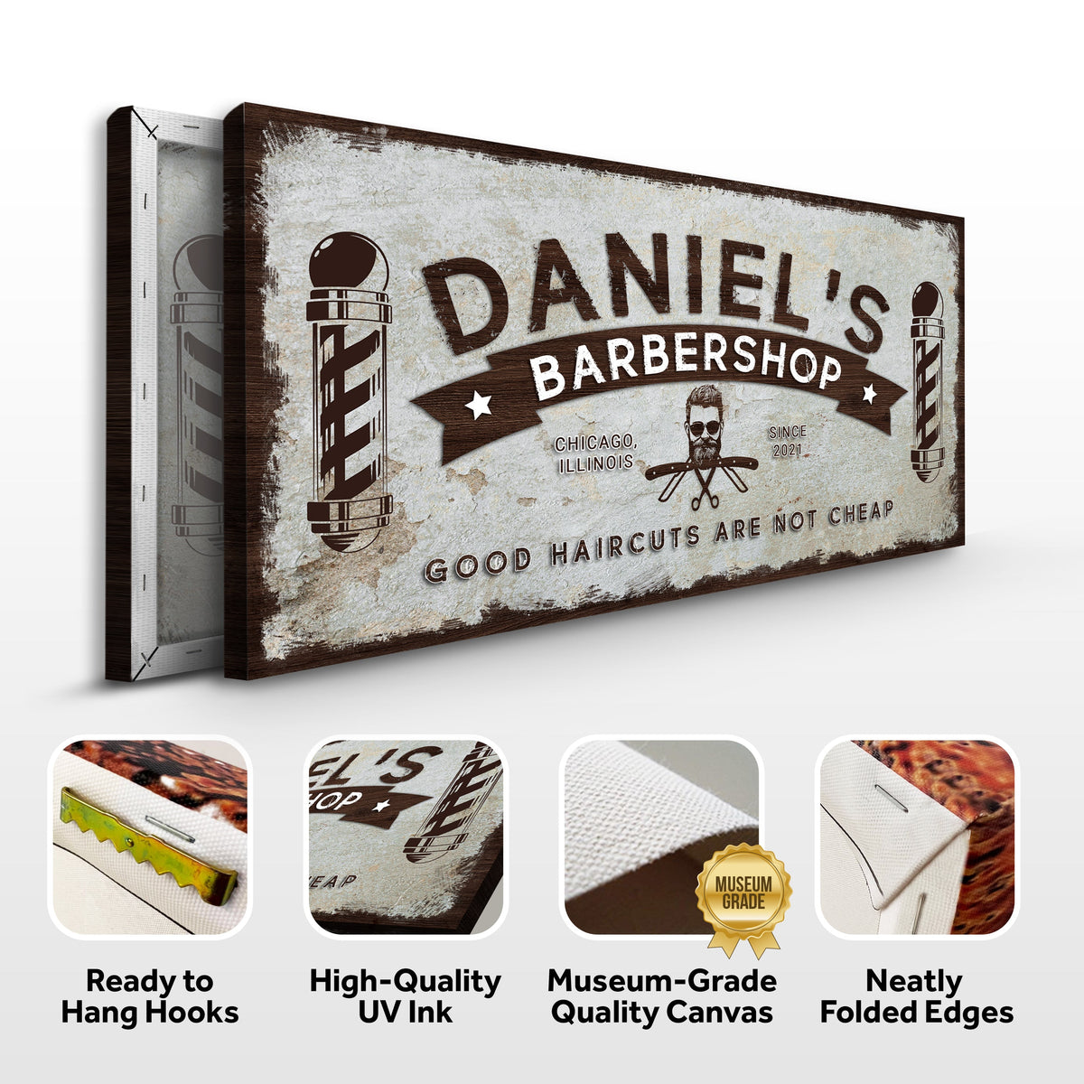 Barbershop Sign canvas by Tailored Canvases with vintage look and barber pole graphics on Tampa Home & Garden Store